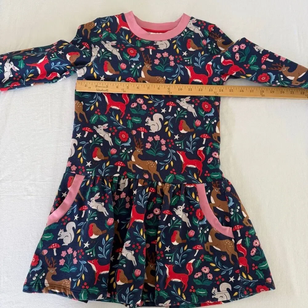 Mini Boden | Woodland Animal Dress Navy Fox Deer Print Long Sleeve | Girls 9-10Y